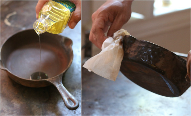 Создание антипригарного слоя начинается с натирания сковороды растительным маслом